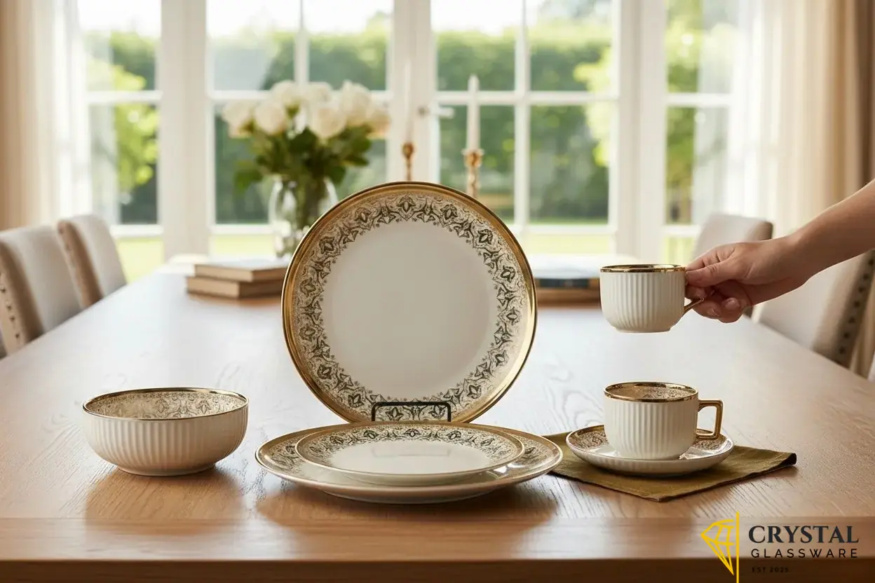 32 Piece Noritake Summit Gold dinner plate, featuring a wide, etched gold rim and a detailed, scrolled leaf pattern